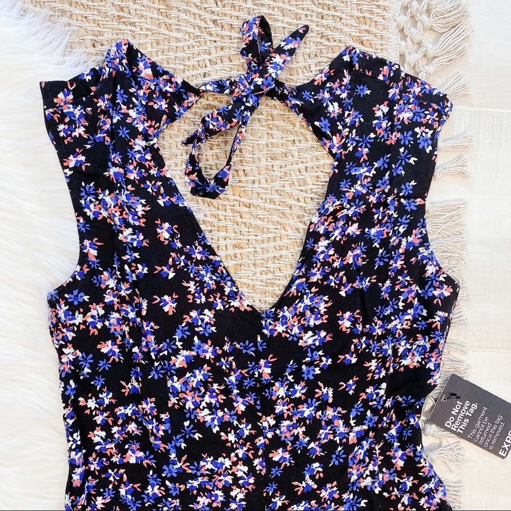 Express Black Floral Halter Romper with Purple & Pink Flowers - Picture 2 of 4